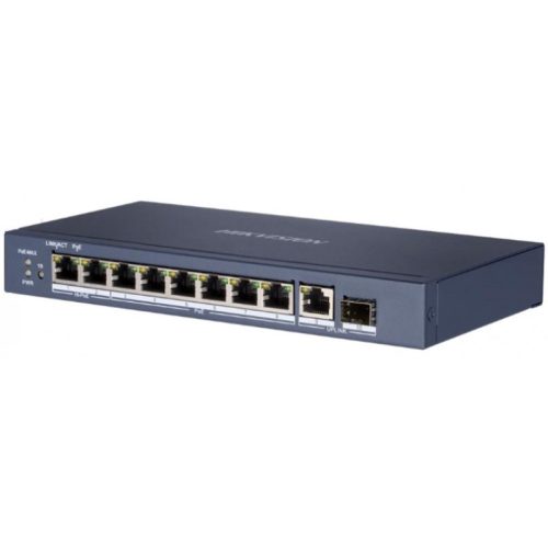 10 portos Gbit PoE switch (110 W); 6 PoE+ / 2 HiPoE / 1 RJ45 + 1 SFP uplink port